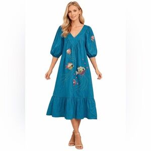 Vintage70's Ramona Rull Teal Cotton Fish Midi Dress Size P or Small Whimsical
